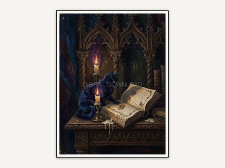 Black cat on library table with candle and book