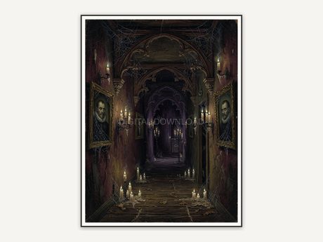 Haunted manor corridor with candles