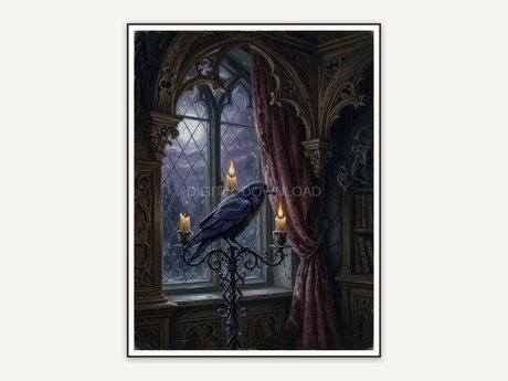 Raven on candelabra in moonlit manor window