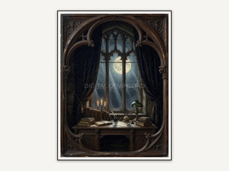Full moon through arched library windows