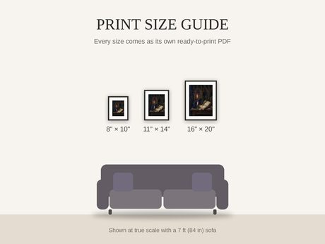 Print size guide showing 8x10, 11x14, and 16x20 framed prints at true scale beside a sofa