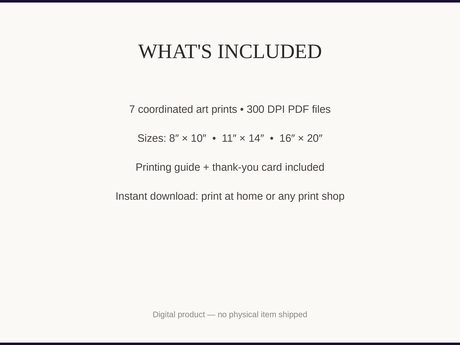 What's included: 7 art prints as 300 DPI PDFs in three sizes plus printing guide and thank-you card