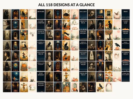 All 118 Halloween printable designs in the bundle shown together on one contact sheet