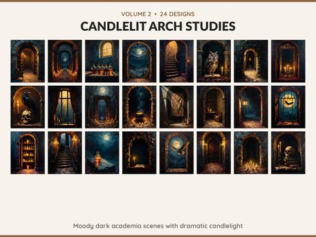 Volume 2 Candlelit Arch Studies: 24 printable Halloween art designs, moody dark academia scenes with dramatic candlelight