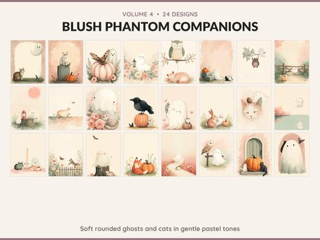 Volume 4 Blush Phantom Companions: 24 printable Halloween art designs, soft rounded ghosts and cats in gentle pastel tones