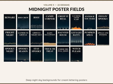 Volume 5 Midnight Poster Fields: 22 printable Halloween art designs, deep night sky backgrounds for cream lettering posters