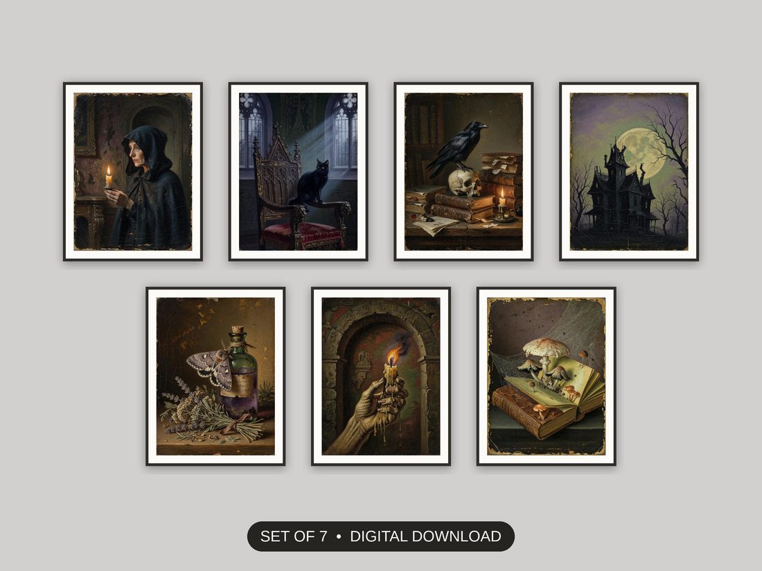 Set of 7 gothic halloween printable prints shown as a gallery wall