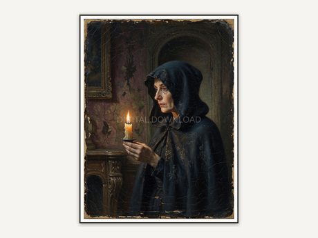 Vintage oil painting of a cloaked witch with candle