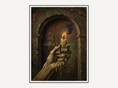 Vintage oil painting of skeleton hand with candle