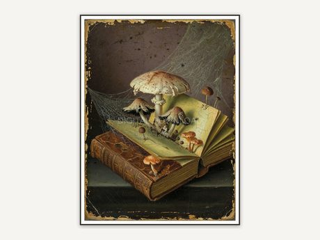 Vintage oil painting of mushrooms on antique book