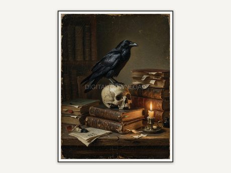 Vintage oil painting of raven on skull with books