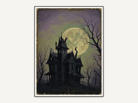 Vintage oil painting of haunted manor under full moon