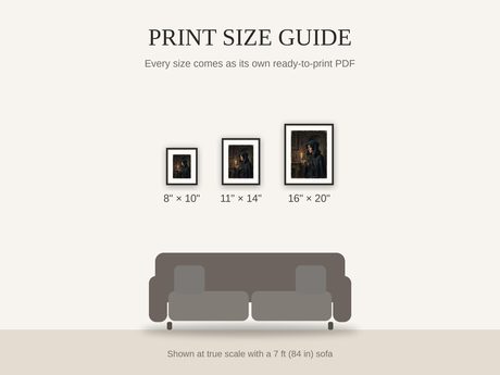 Print size guide showing 8x10, 11x14, and 16x20 framed prints at true scale beside a sofa