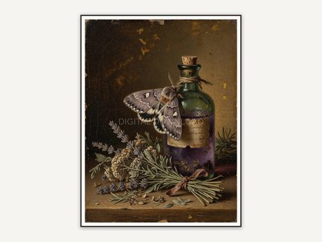 Vintage oil painting of moth on potion bottle