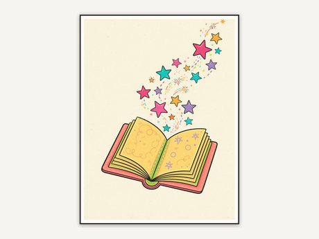 Open book with stars icon print on cream