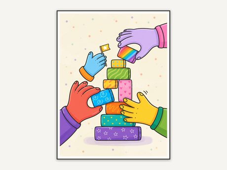 Hands building tower icon print on cream