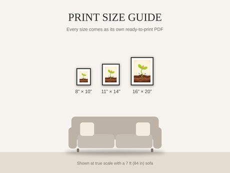 Print size guide showing 8x10, 11x14, and 16x20 framed prints at true scale beside a sofa