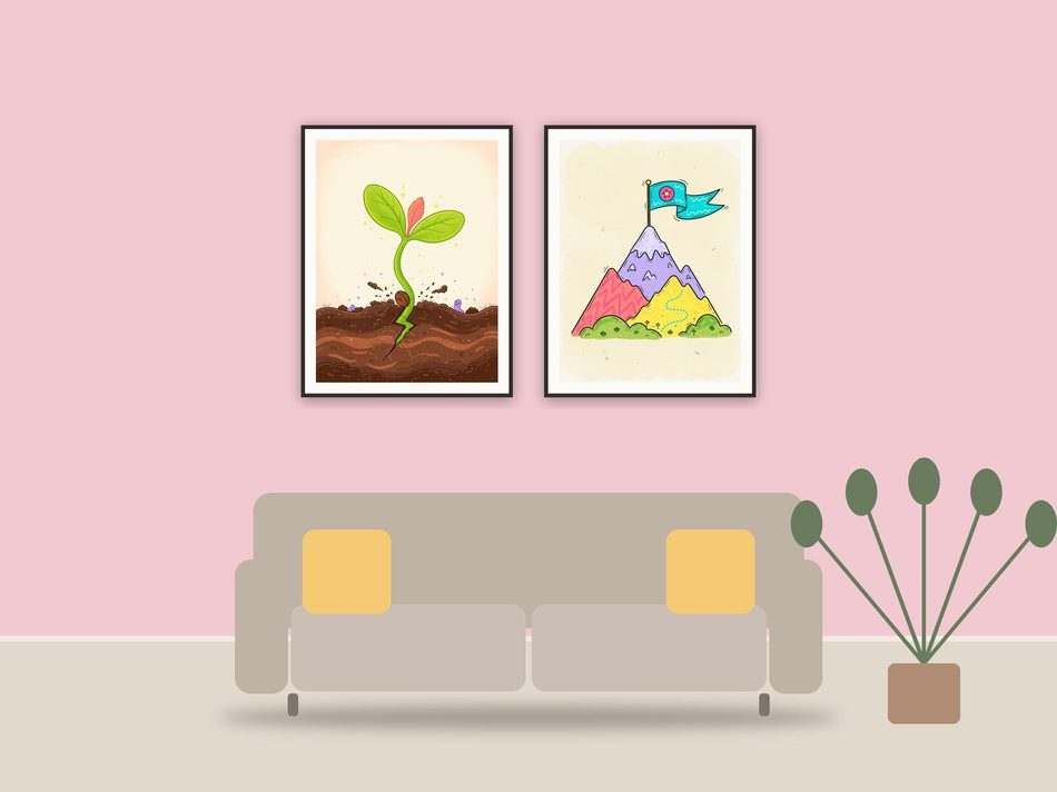 growth mindset illustrations printable art framed above a sofa in a styled living room