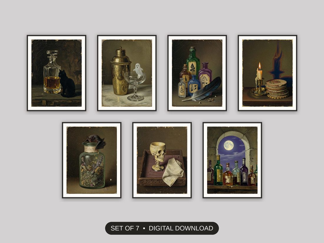 Set of 7 halloween bar cart print printable prints shown as a gallery wall