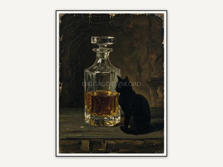 Vintage oil painting of crystal decanter and black cat silhouette