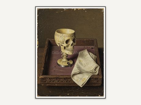 Vintage oil painting of skull goblet on wooden tray