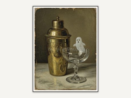 Vintage oil painting of brass shaker and ghost reflection in coupe glass