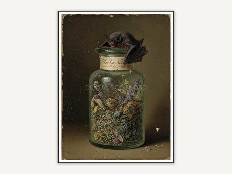 Vintage oil painting of apothecary jar with bat on rim