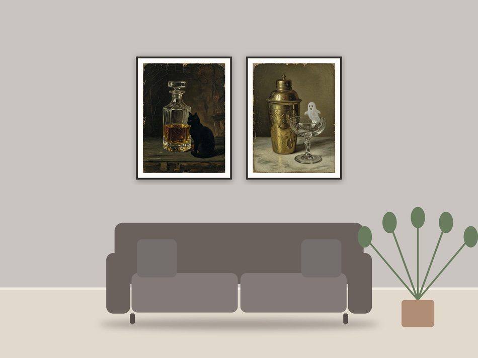 halloween bar cart print printable art framed above a sofa in a styled living room