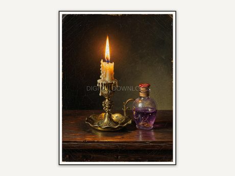 Vintage oil painting of candle and potion bottle in muted tones