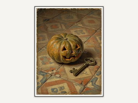 Vintage oil painting of carved pumpkin on aged tile with brass key