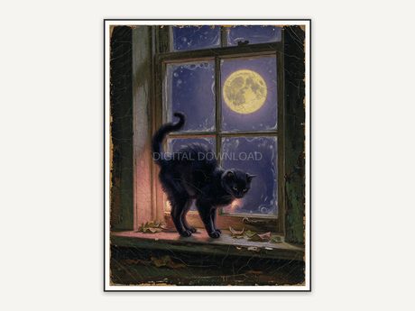 Vintage oil painting of black cat on windowsill under full moon