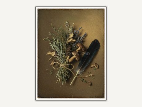 Vintage oil painting of dried herbs, mushrooms and raven feather