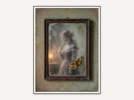 Vintage oil painting of antique mirror with ghost silhouette and moth