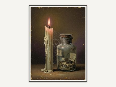 Vintage oil painting of taper candle and spiderweb jar