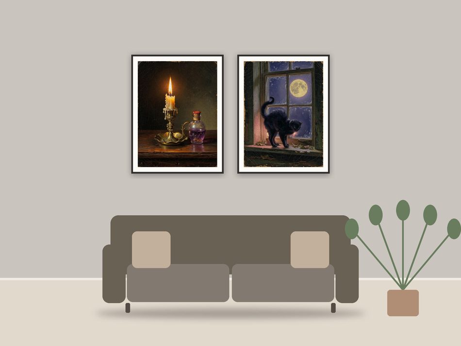 halloween bathroom art printable art framed above a sofa in a styled living room