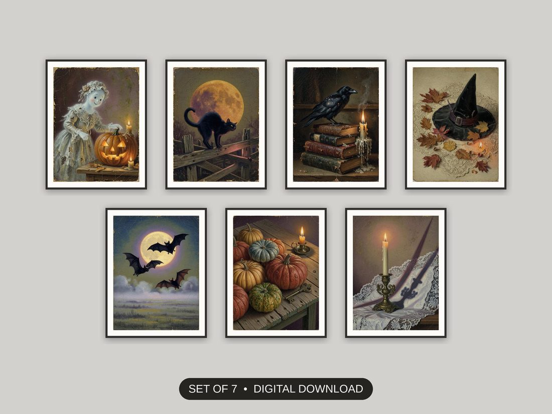 Set of 7 vintage oil painting halloween bundle printable prints shown as a gallery wall
