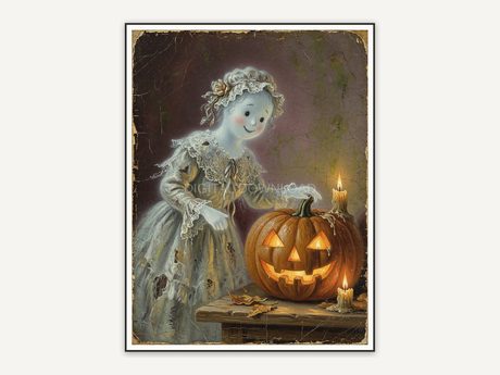 Vintage oil painting of a lace-dressed ghost beside a carved pumpkin