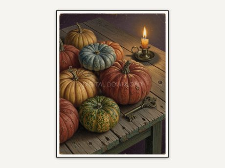 Heirloom pumpkins on weathered wood with a brass key