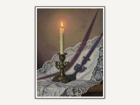 Taper candle in brass holder casting shadows on lace