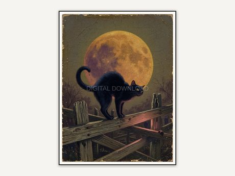 Antique-style black cat on a fence under a glowing harvest moon