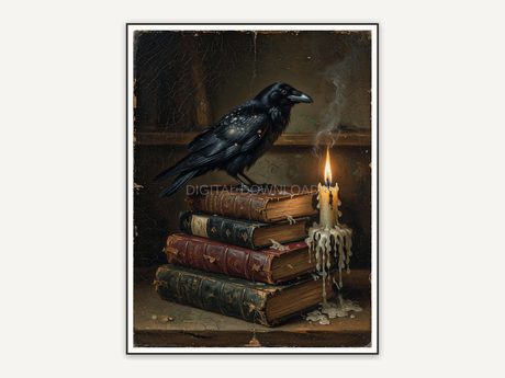 Raven perched on old books with a flickering candle
