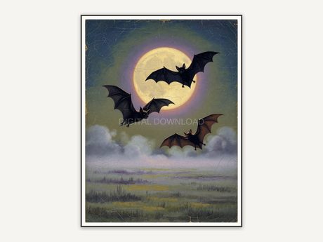 Bats circling a full moon above a misty field