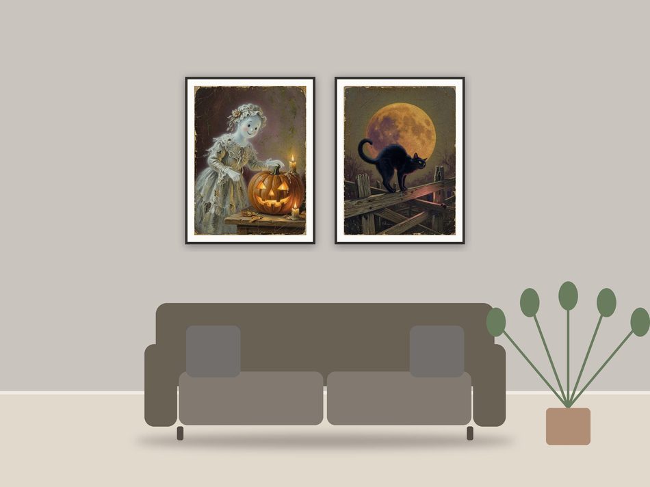 vintage oil painting halloween bundle printable art framed above a sofa in a styled living room