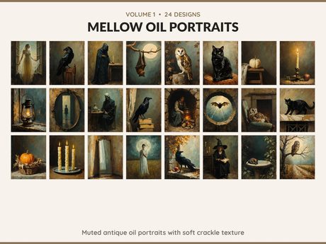 Volume 1 Mellow Oil Portraits: 24 printable Halloween art designs, muted antique oil portraits with soft crackle texture