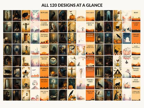 All 120 Halloween printable designs in the bundle shown together on one contact sheet
