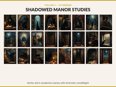 Volume 2 Shadowed Manor Studies: 24 printable Halloween art designs, gothic dark academia scenes with dramatic candlelight