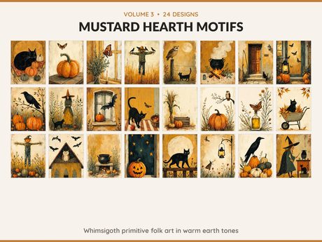 Volume 3 Mustard Hearth Motifs: 24 printable Halloween art designs, whimsigoth primitive folk art in warm earth tones