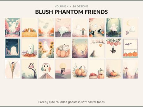 Volume 4 Blush Phantom Friends: 24 printable Halloween art designs, creepy cute rounded ghosts in soft pastel tones