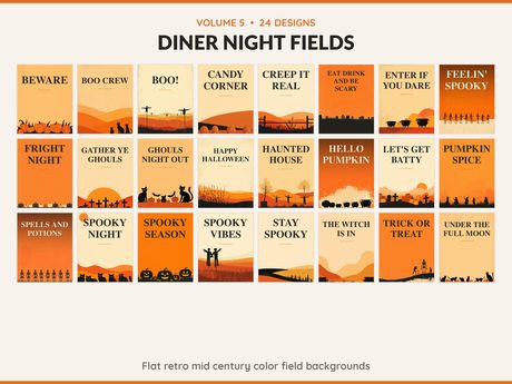 Volume 5 Diner Night Fields: 24 printable Halloween art designs, flat retro mid century color field backgrounds