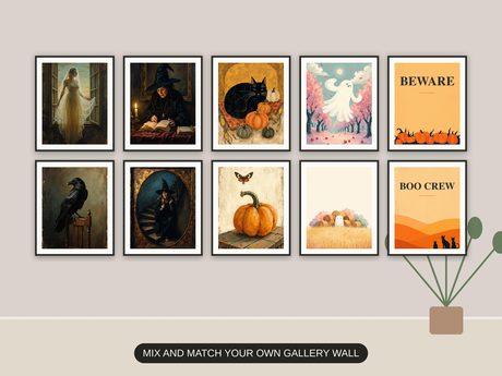 Ten Halloween prints from the bundle framed together as a gallery wall above a console table